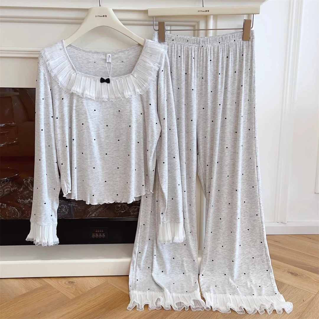 带固定胸垫春秋女莫代尔坑条波点印花蕾丝花边长袖长裤套装家居服