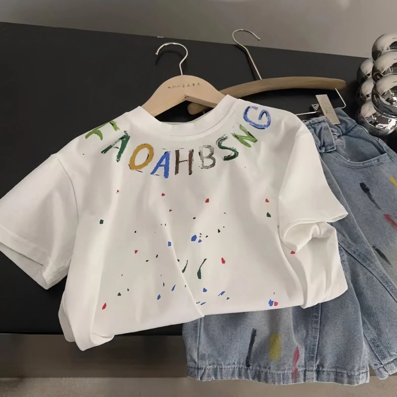 男童2024夏季新款儿童彩色工艺字母儿童痞帅炸街印花T恤上衣潮