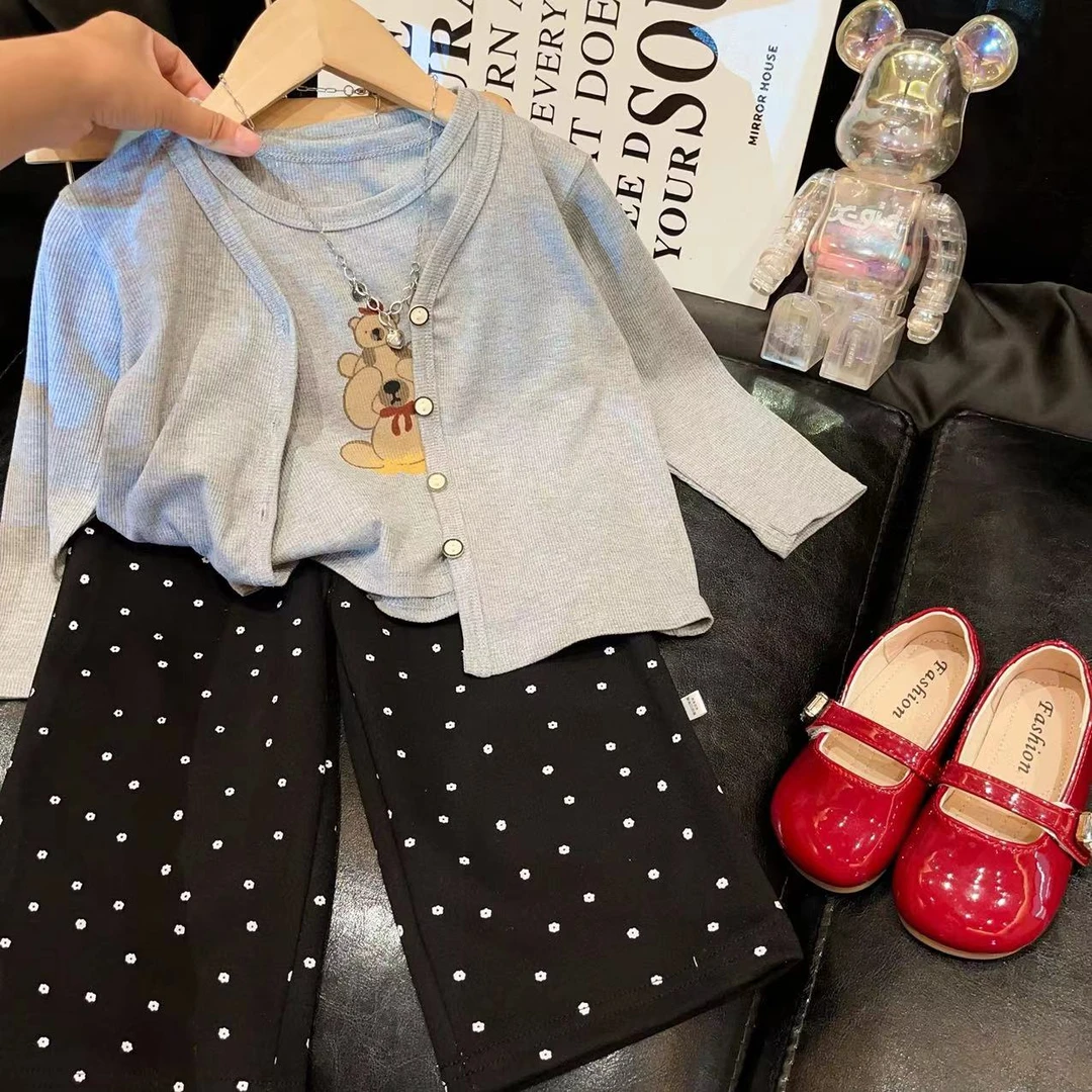 （三件装）女童秋季新款背心开衫裤子套装儿童洋气时髦春秋网红