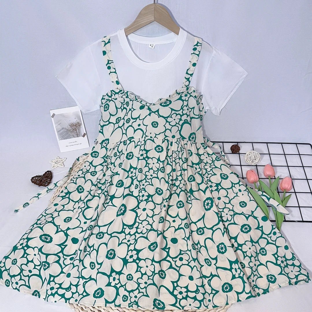 024儿童节夏季碎花假两件连衣裙时尚女童洋气大童印花碎花裙女孩