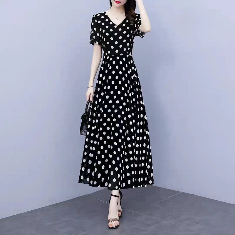 FH-7【断码】时尚气质印花百搭连衣裙收腰显瘦长裙