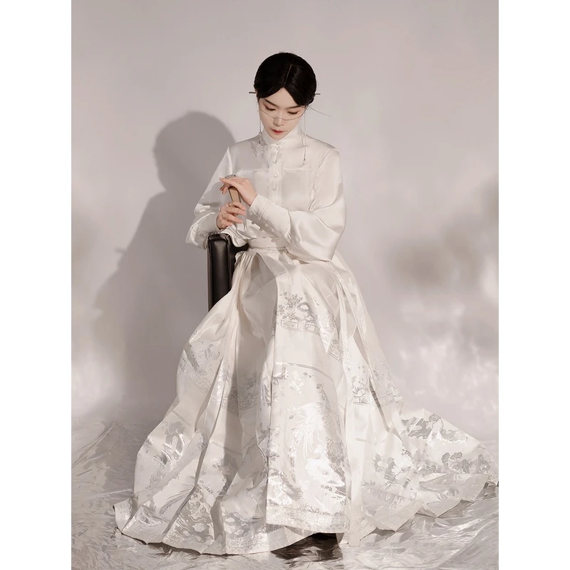 2023新款新中式汉服逐光明制白织银马面改良马面裙秋冬日常中国风