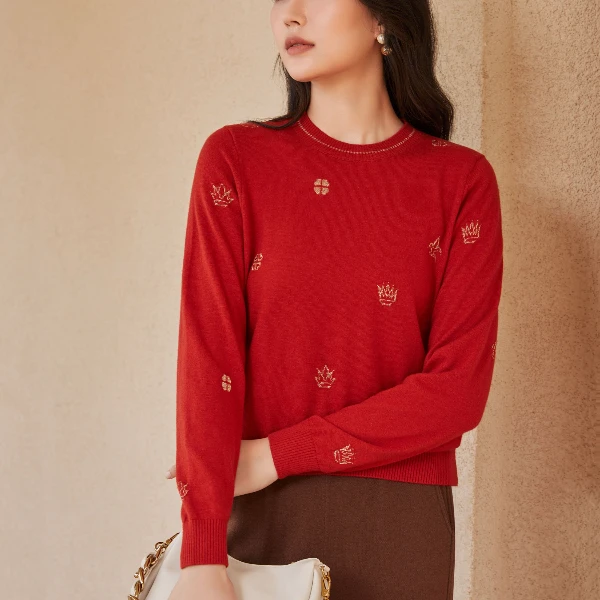 MUGE/慕歌特价毛衣针织衫羊绒羊毛衫圆领长袖红色时尚宽松高贵