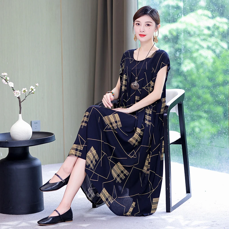 妈妈好棉绸连衣裙外穿夏季风时尚宽松大码睡裙女外贸欧美大码裙子