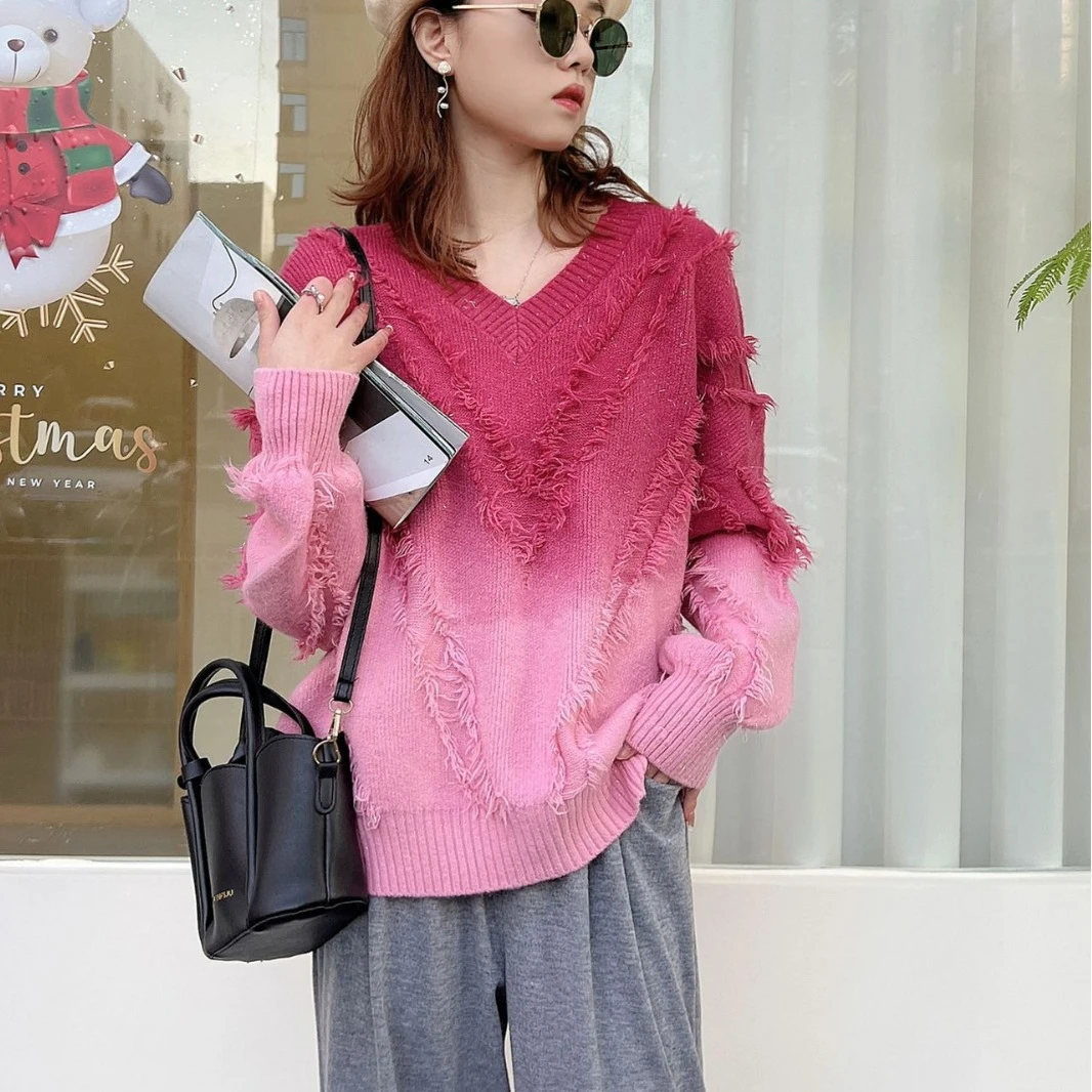 套头新年款针织流苏户外秋冬加厚V领针织衫女韩版设计感红色休闲