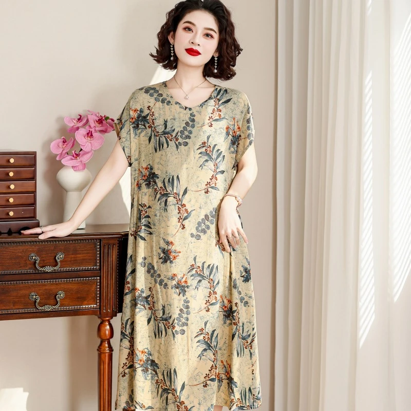2024新款棉绸连衣裙女夏时尚宽松大码碎花人造棉绵绸气质中长裙子