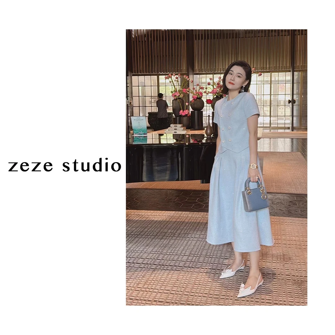 zezestudio【玫瑰同款】玫瑰的故事黄亦玫同款蓝色小香风套装夏秋款