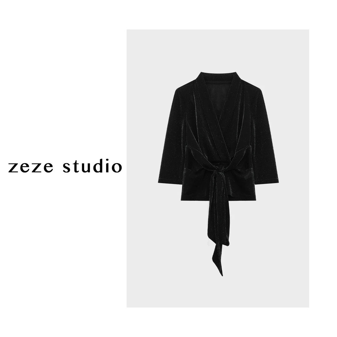 zeze studio【独立设计师】绑带肌理感上衣长袖气质设计师款打底衫