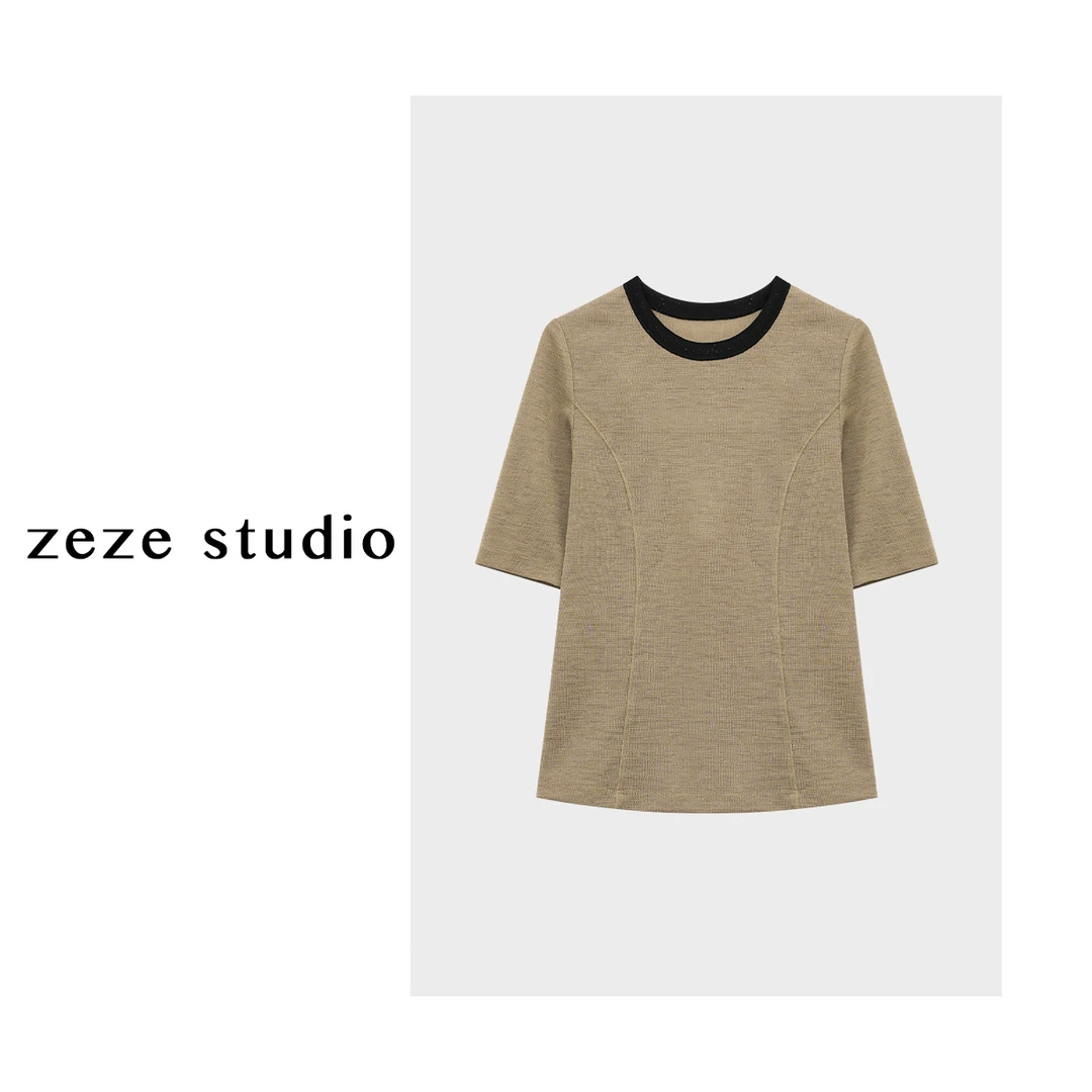 zezestudio【沙滩】2024设计师新款咖色撞色领拼接修身百搭圆领短袖