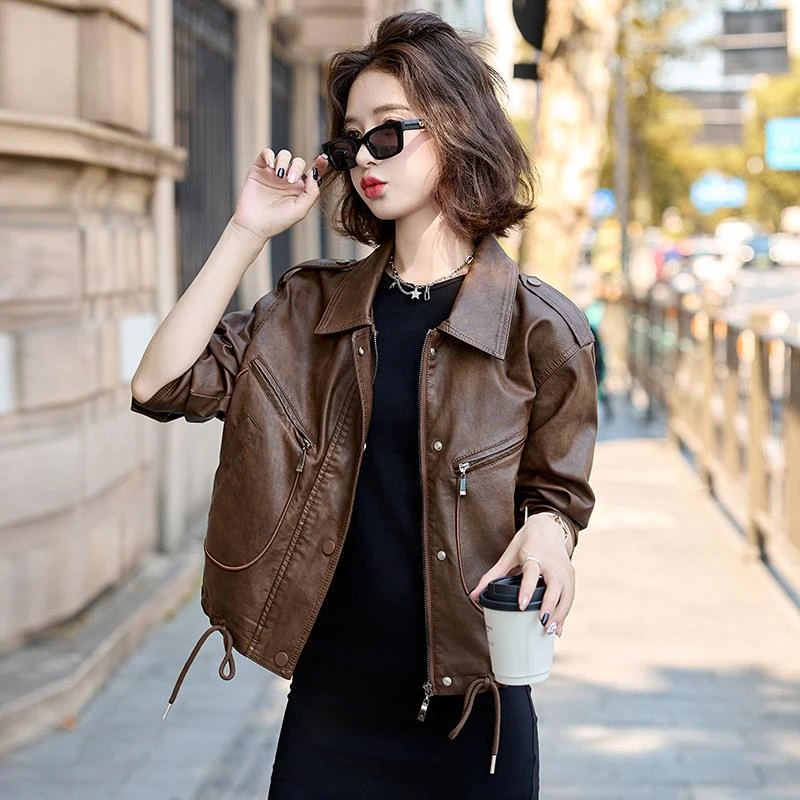 高级感皮衣女士春秋机车休闲显瘦复古夹克短款外套新款小个子上衣