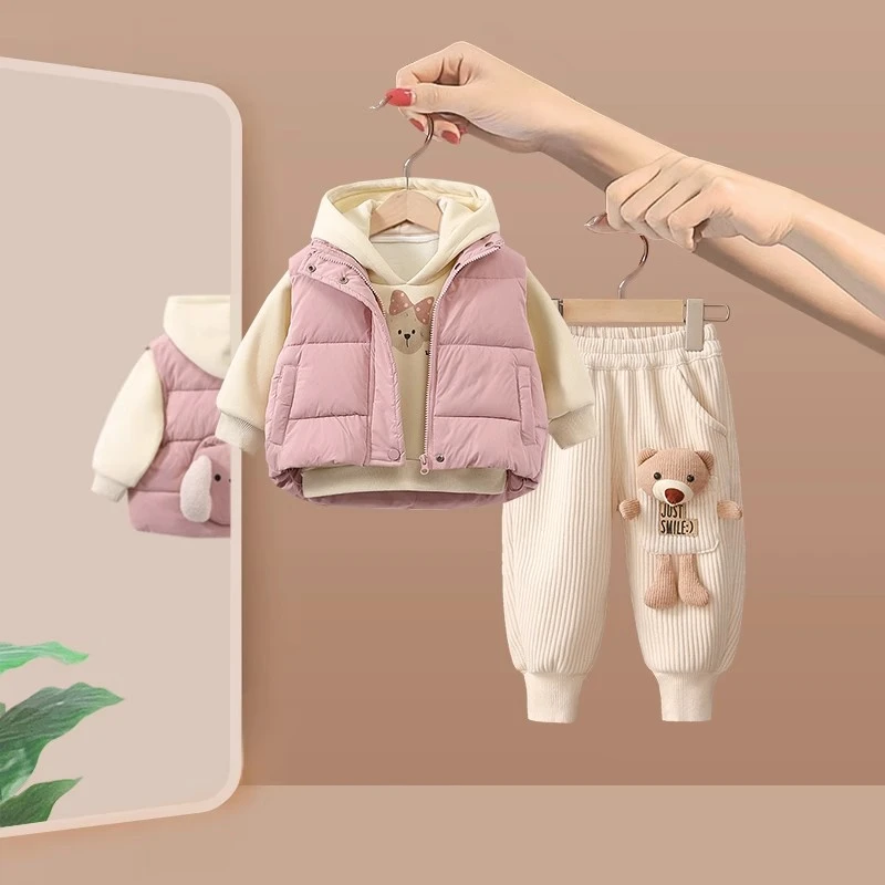 女童秋冬季加绒加厚2025新款宝宝冬装儿童连帽卫衣加厚外套三件套