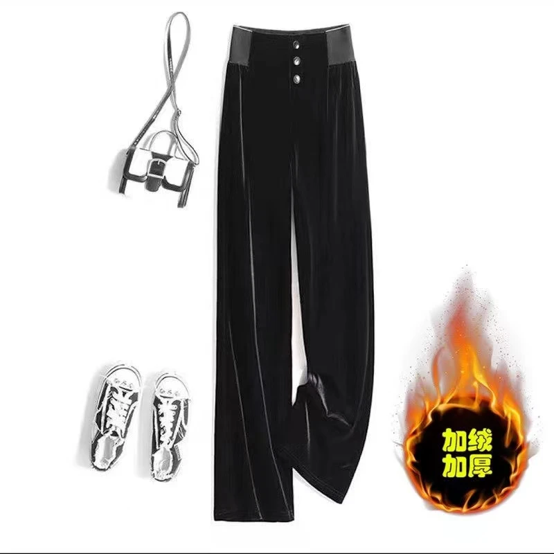 2025新款秋冬坠感高档金丝绒阔腿裤女直筒裤高腰显瘦休闲宽松长裤