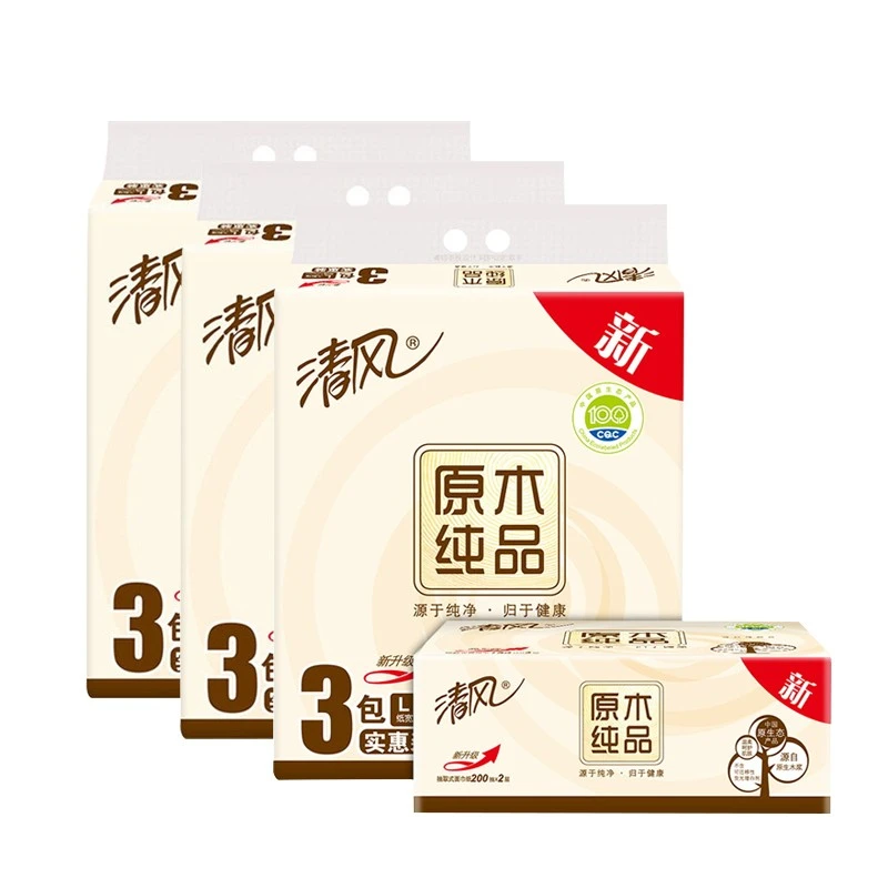清风抽纸原木纯品软包纸巾餐巾纸家用整箱大规格L码200抽卫生纸抽
