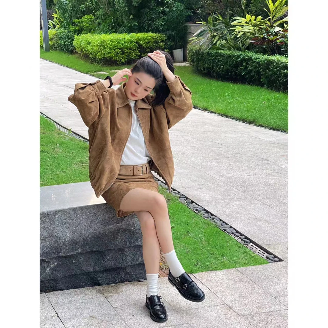 ZHAKA/羊皮面皮绒棕色夹克上衣/半裙