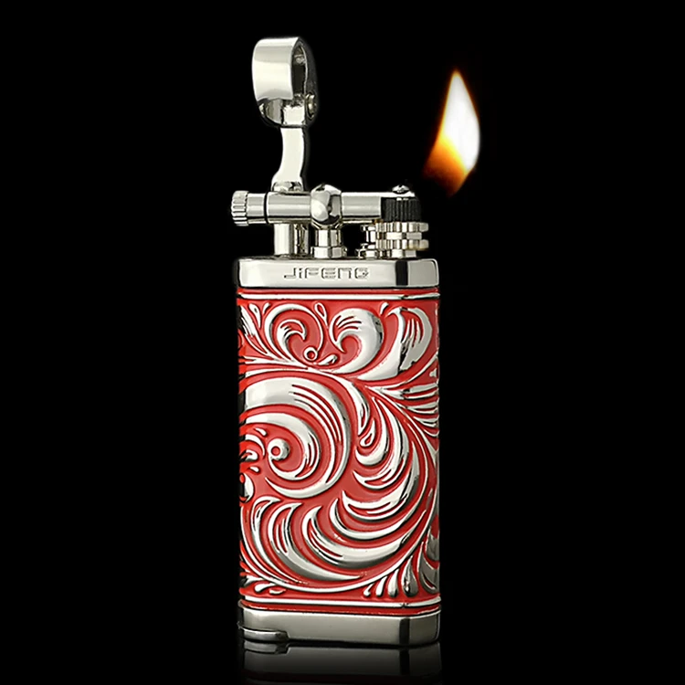 正品喜庆红唐草花斜火焰苗新款三颜色砂轮充气烟斗类型季风打火机