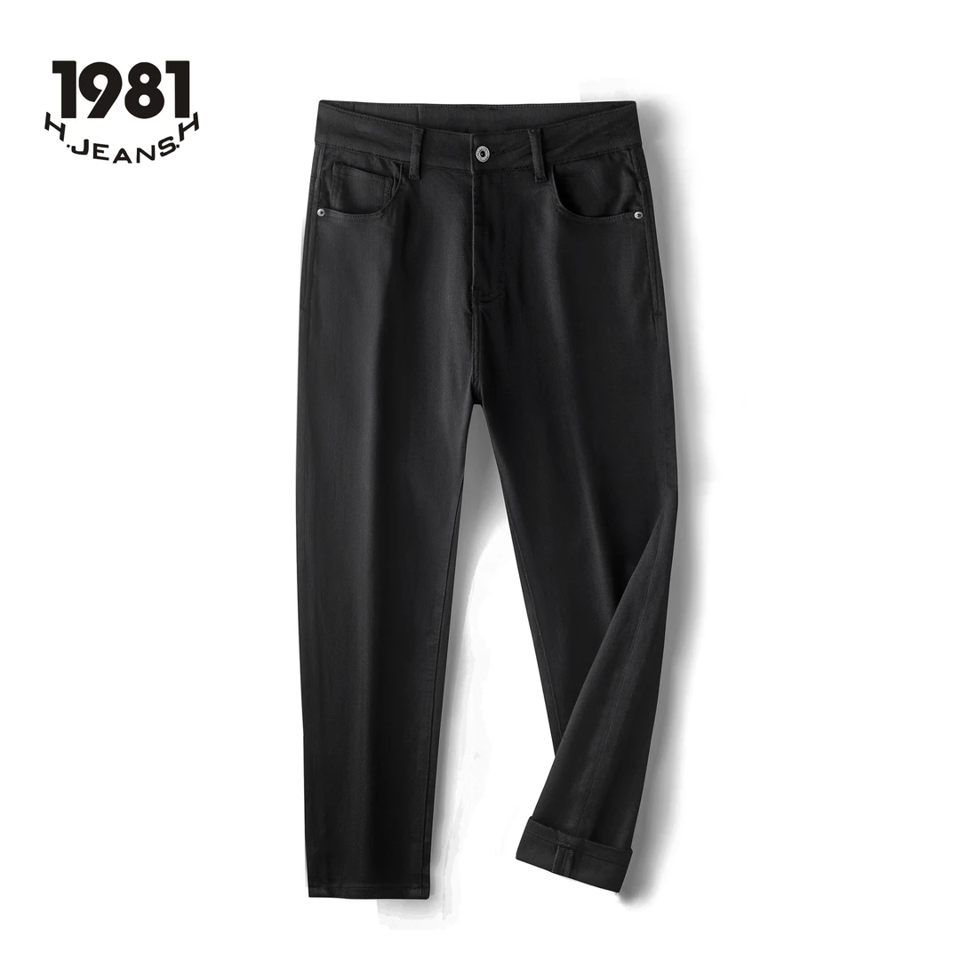 6039 黑牛薄绒防褪色纯黑大码牛仔高弹力宽松锥形直筒男牛仔裤子