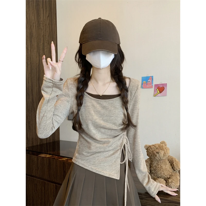 曼丝奈-韩版甜美修身小众设计感撞色假两件显瘦抽绳气质开衩上衣