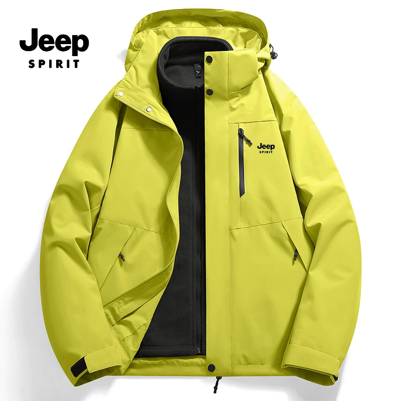 JEEPSPIRIT外套三合一可拆卸男女款加绒加厚防水登山风衣外套