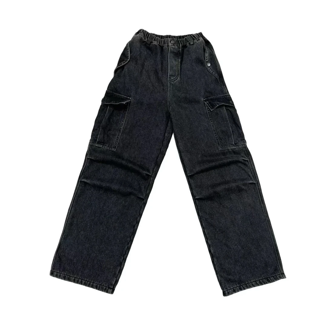 【断码捡漏】黑灰色褶皱水洗重工时尚潮流儿童直筒奥粒绒牛仔裤029