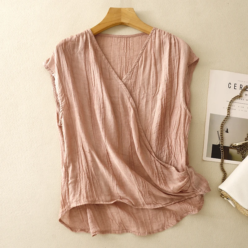 上衣女夏季时尚新款休闲轻薄舒适宽松显瘦褶皱圆领拼接短袖T恤女