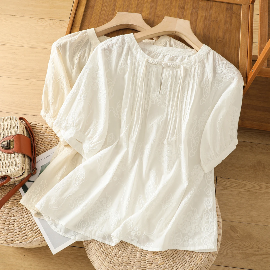 夏季新中式设计感圆领盘扣飘绳气质上衣女重工刺绣提花短袖T恤女