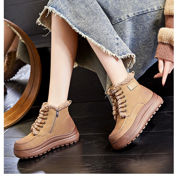 厚底雪地靴女2024冬季新款真皮短靴软底女士加绒保暖复古百搭女靴