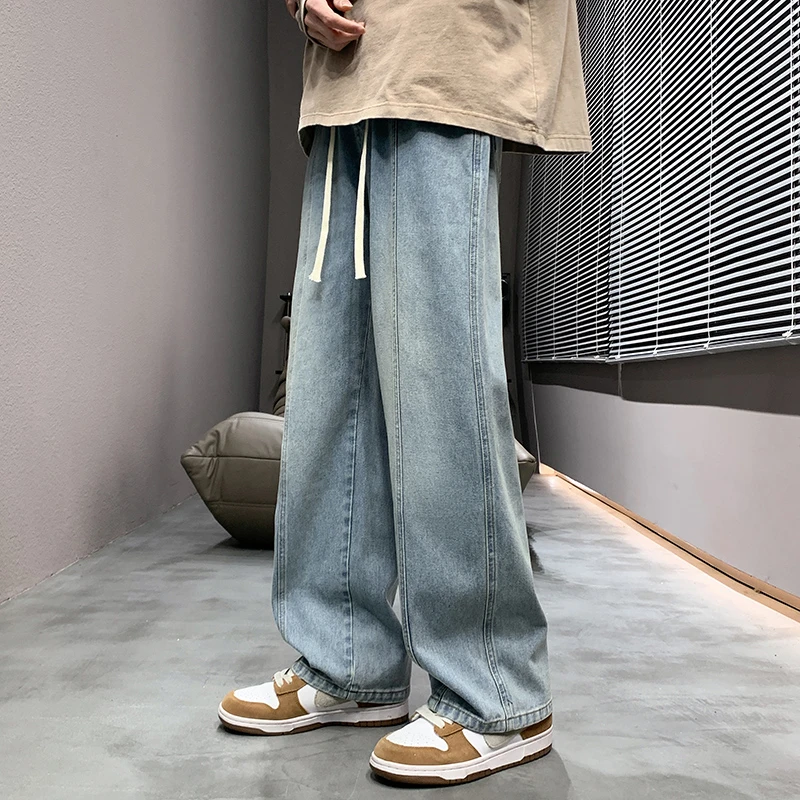 复古潮牌男士牛仔裤秋季新款黄泥拼接宽松百搭阔腿拖地高街直筒裤