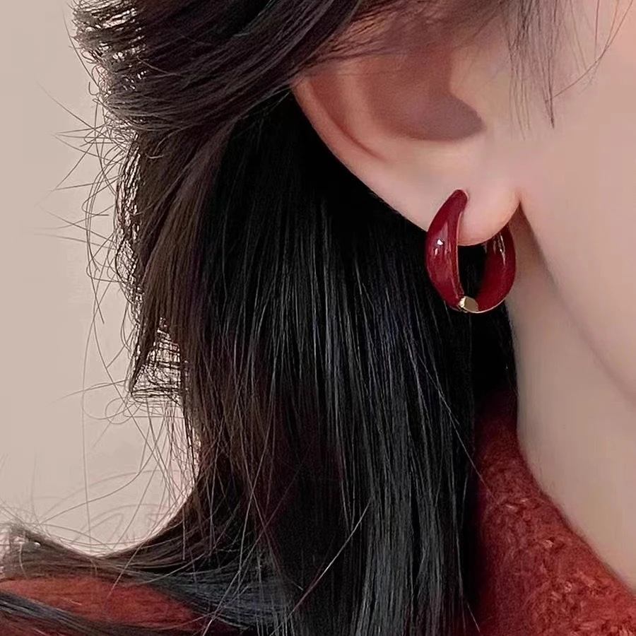 铜合金耳饰 法式复古轻奢红色几何圈圈小众设计感耳扣1031