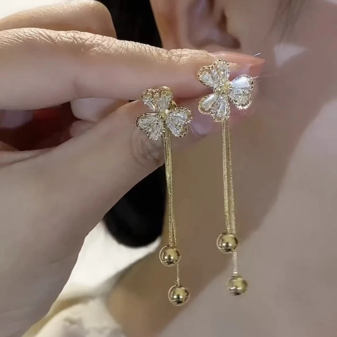 铜合金耳饰 韩国超闪三叶花流苏耳环新款百搭网红轻奢耳饰5638