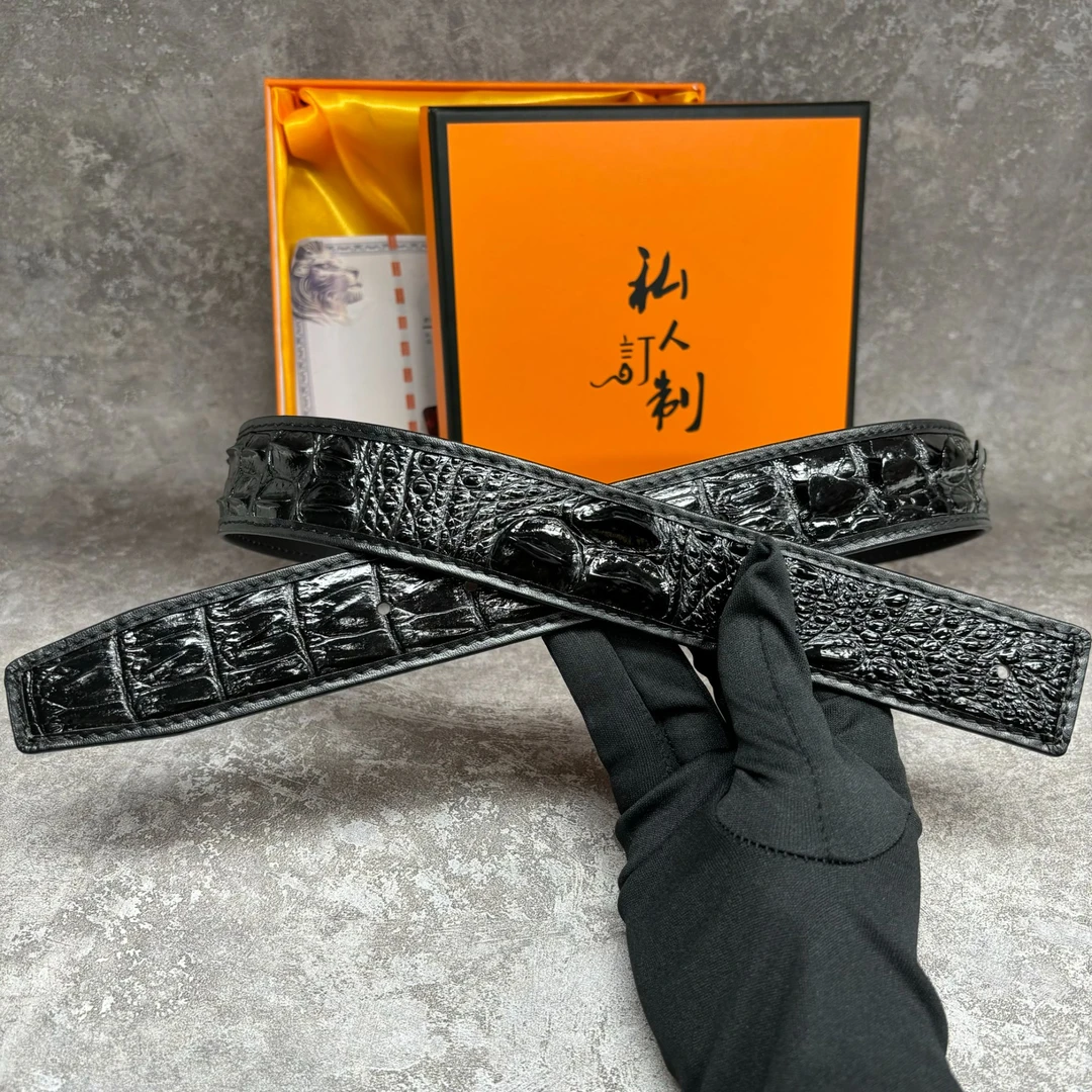 3.8宽打孔黑色鳄鱼皮腰带无拼接鳄鱼皮带（已开好孔，无需另外开孔）
