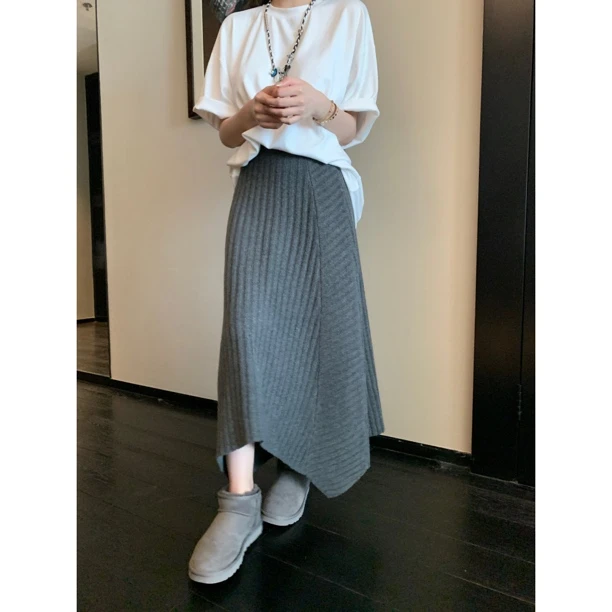 【松弛周末】不规则拼接针织裙显瘦长半身裙