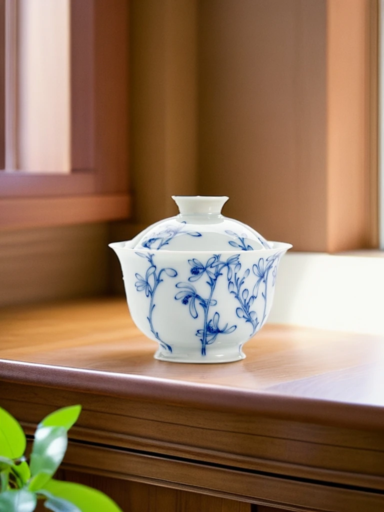 景德镇  续真 青花九兰盖碗