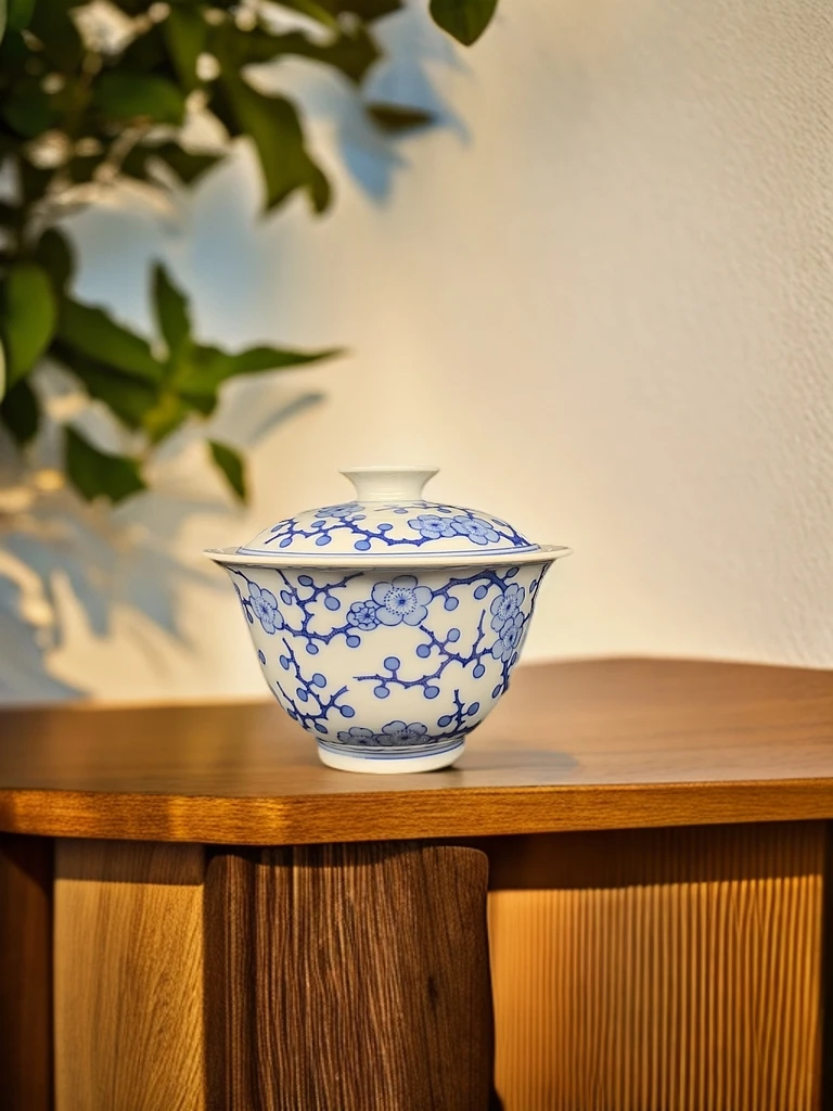 景德镇续真青花满梅二才陶瓷盖碗青花瓷茶具