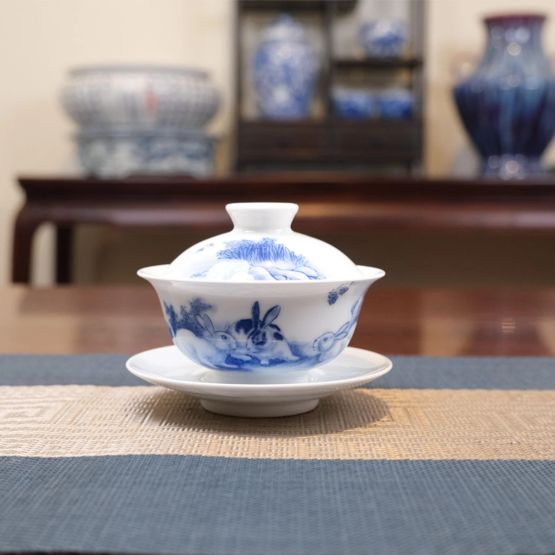 九段烧 景德镇 九段妙手 青花芭蕉萌兔纹 三才盖碗