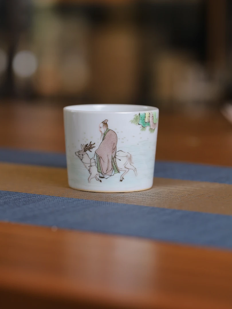 快雪时晴四字底款古彩白鹿仙人直口杯茶杯主人杯