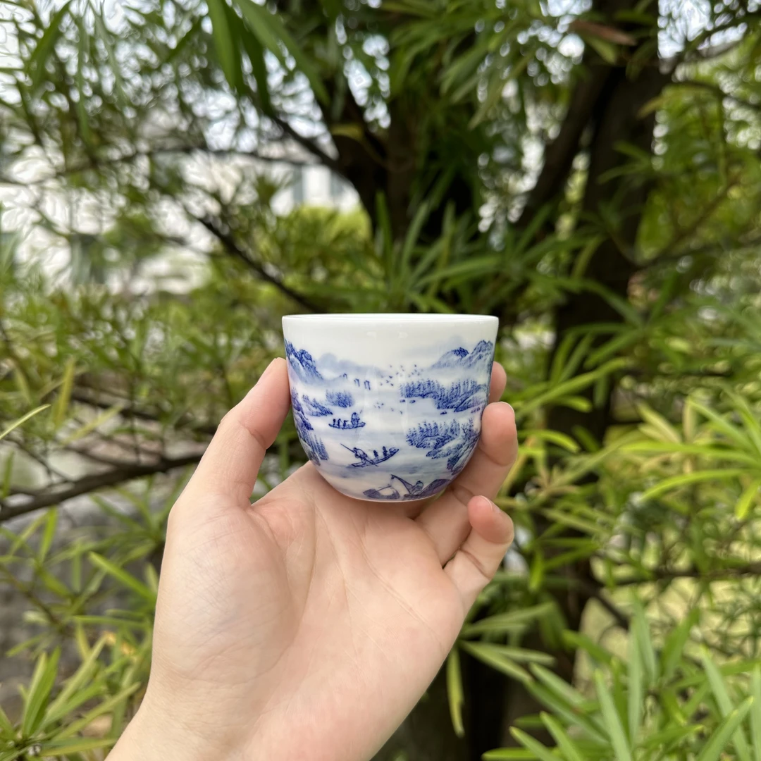 九段烧 景德镇 妙手青花 青花四季图手握杯 秋款