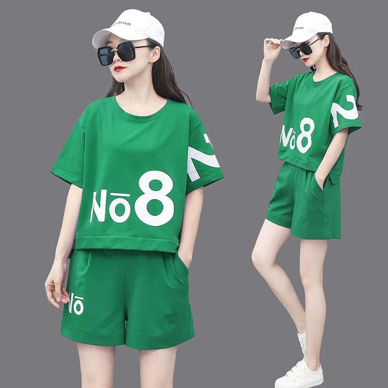 含棉休闲运动套装女2023夏季新款跑步百搭宽松夏天短裤短袖两件套