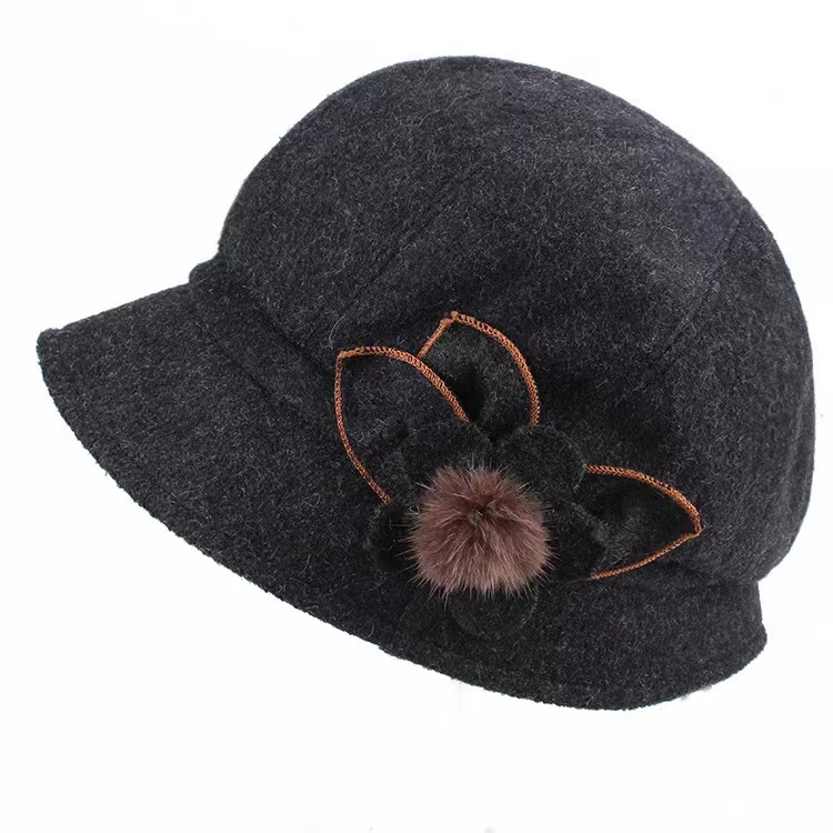 【董姐】秋冬季女帽韩版时尚花朵呢子鸭舌帽加厚保暖女帽帽子防寒