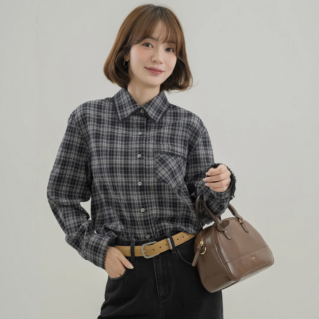 法儿家韩国限定【新品】【线条蕾丝】FS409S019格纹衬衫