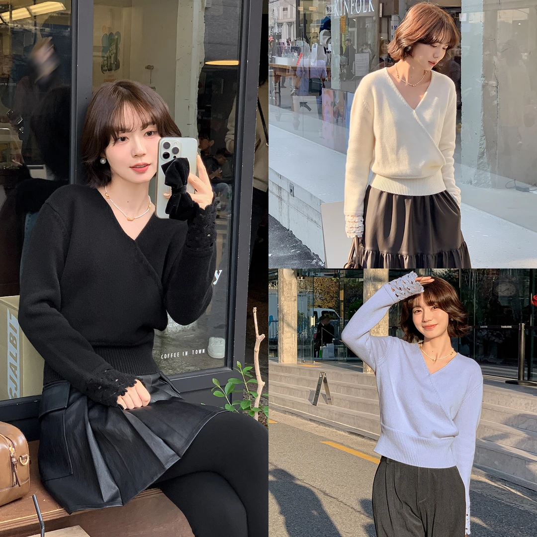 法儿家韩国限定【手心蔷薇】【新品】FS411S057 V领钩花镂空毛衣