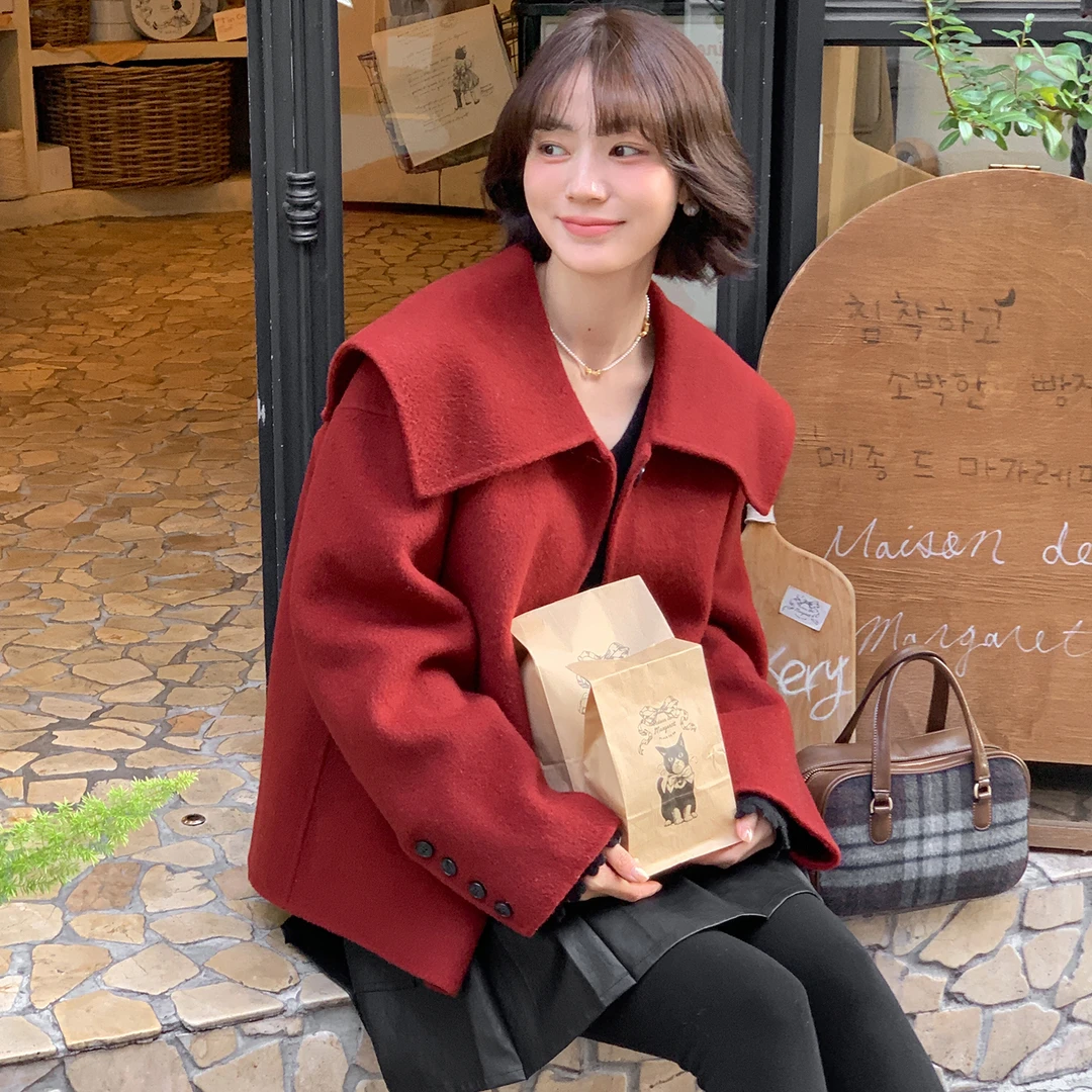 法儿家韩国限定【玫瑰海岸】【新品】FS410W078海军领毛呢外套