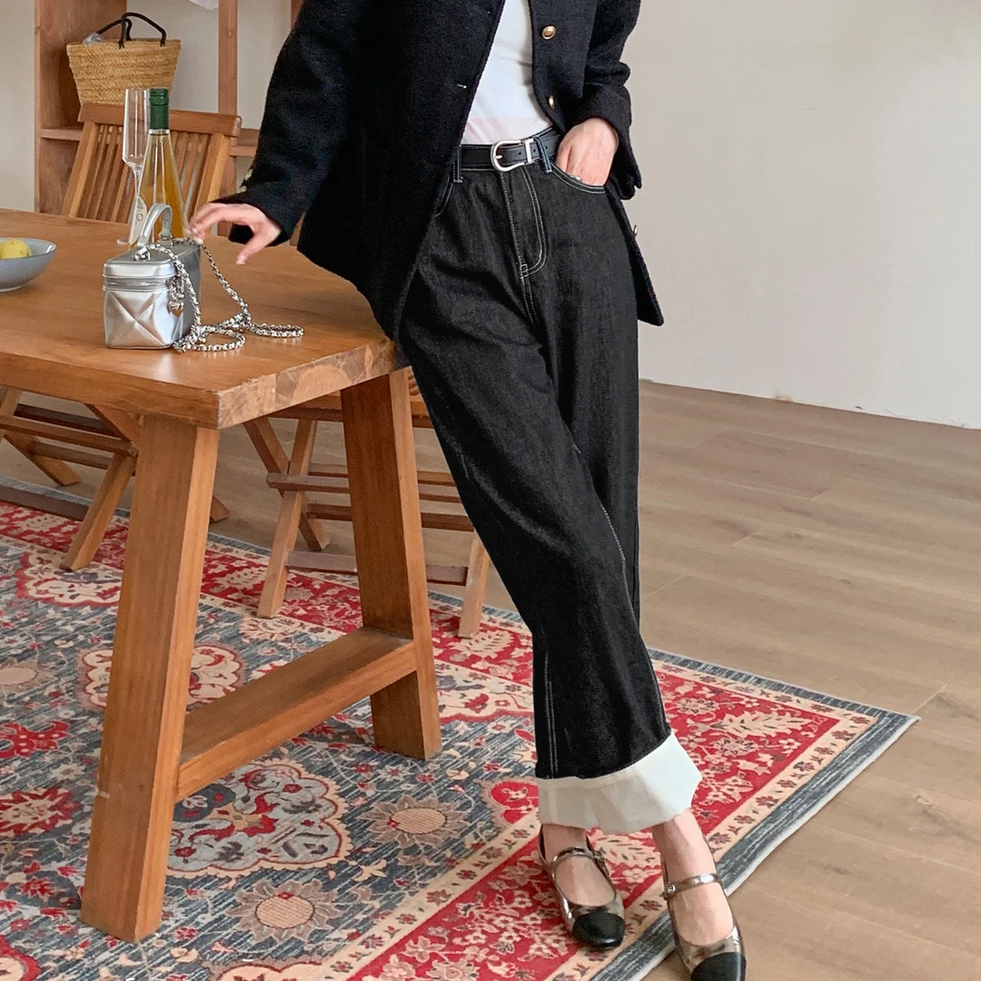 法儿家韩国限定【高阶蓝调】藏青色牛仔裤FS401X059