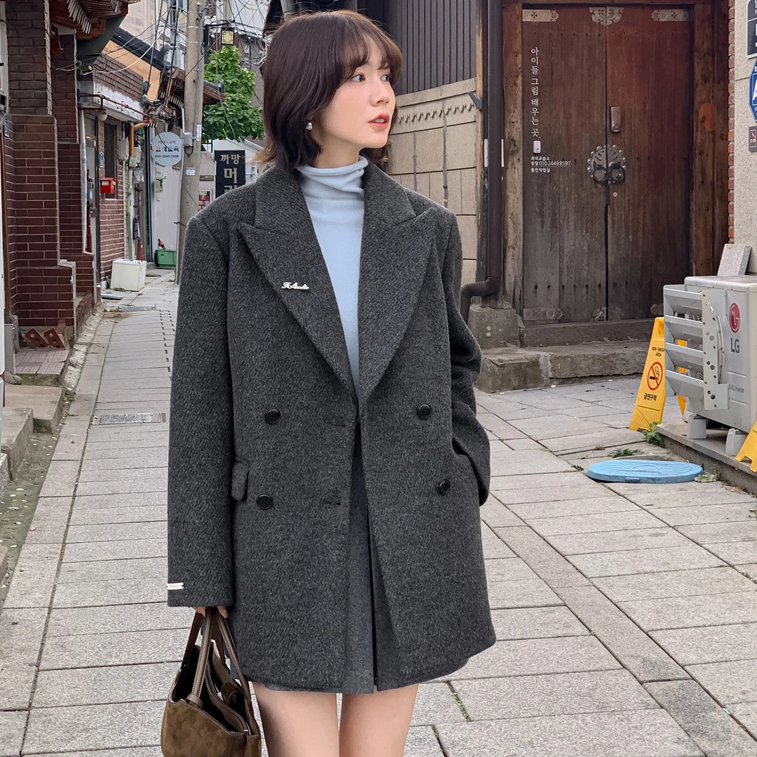 法儿家韩国限定【新品】【通勤笔记】FS410W082戗驳领呢外套