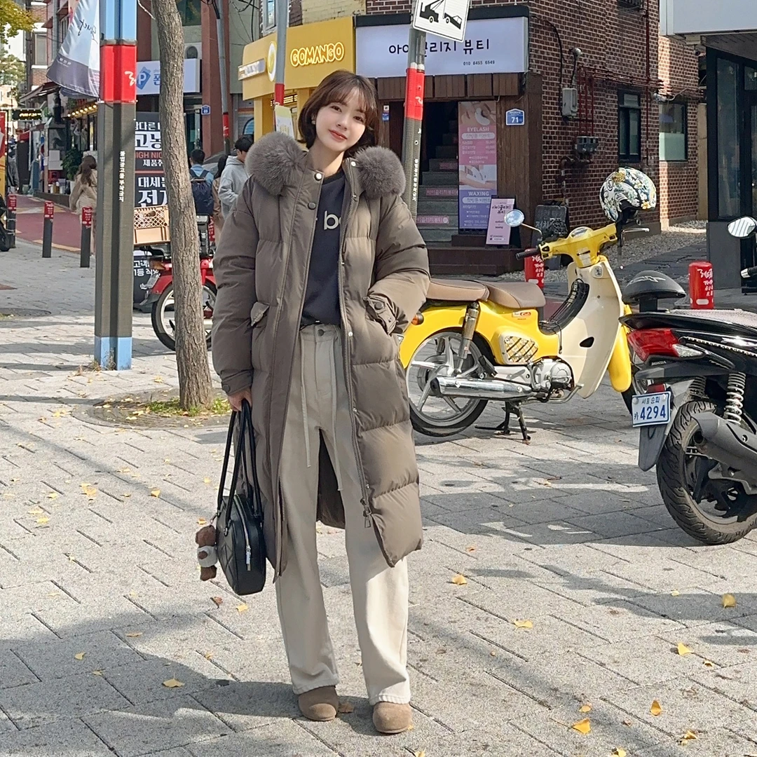 法儿家韩国限定【松烟琥珀】狐狸毛长款羽绒服FS310W031