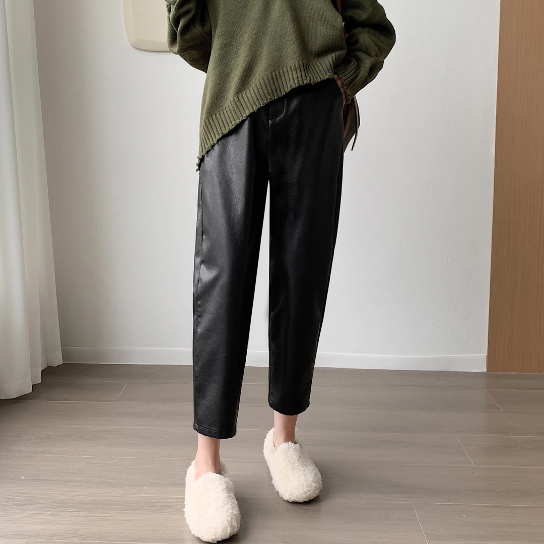 PU皮裤女2024秋冬新款高腰显瘦潮流九分直筒洋气耐磨九分哈伦裤子