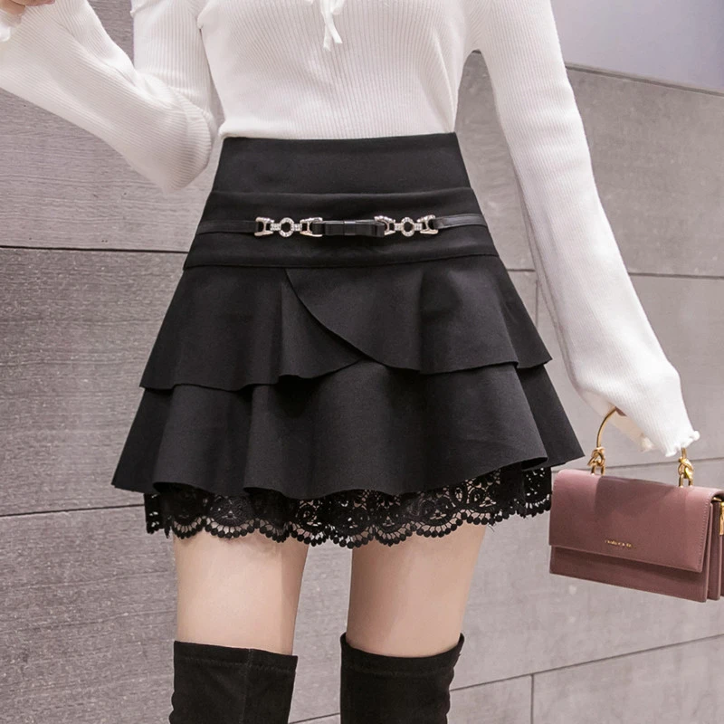 韩版秋冬高腰短裙女防走光半身裙超短A字蓬蓬裙蛋糕裙蕾丝打底裙