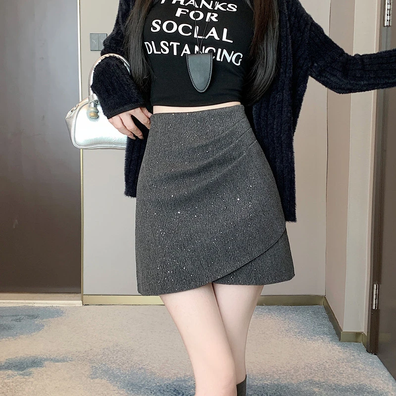 2024秋冬新款不规则小个子褶皱毛呢半身裙显瘦a字短裙高腰包臀裙