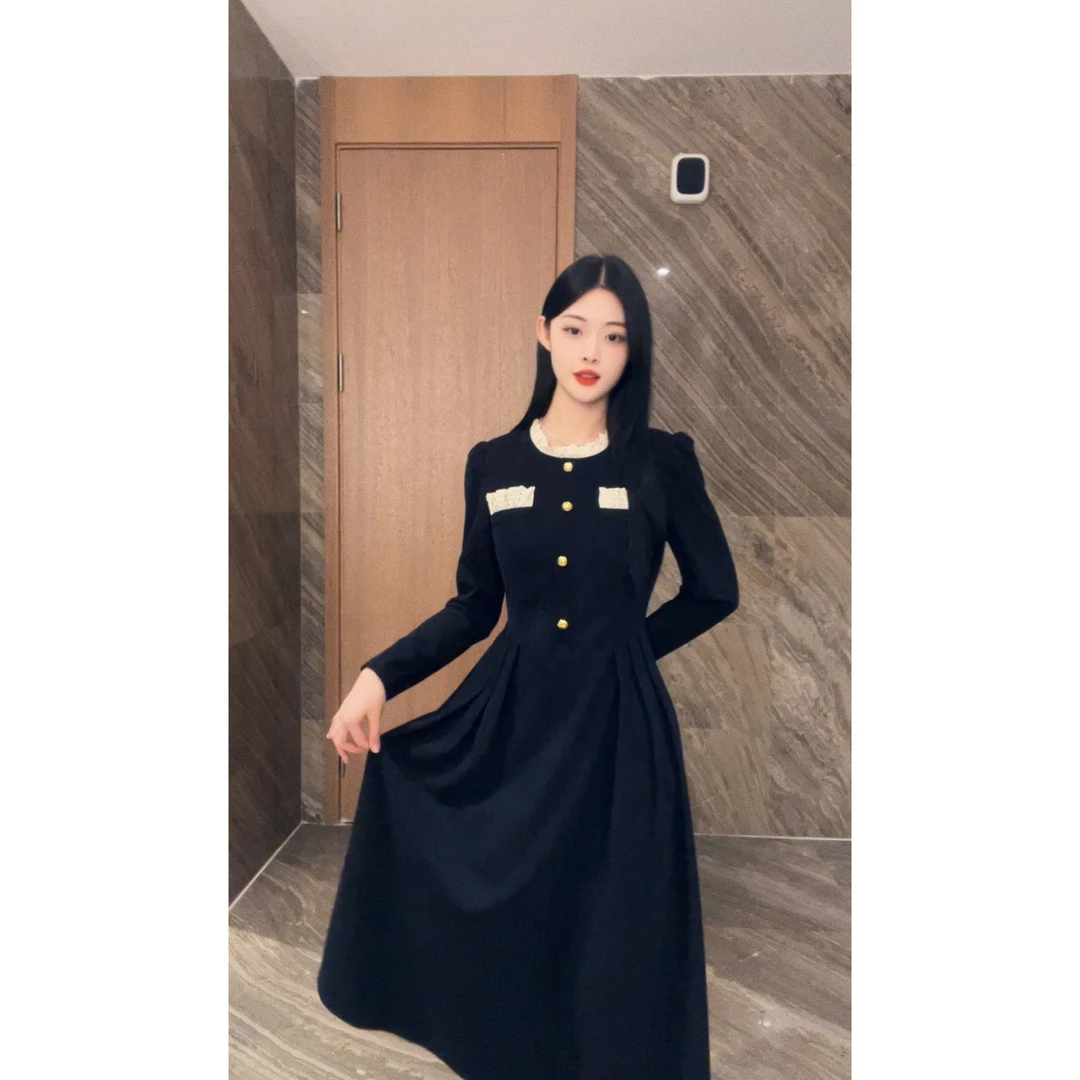 【沐光】秋冬气质黑色长款赫本风赫本风显瘦裙子