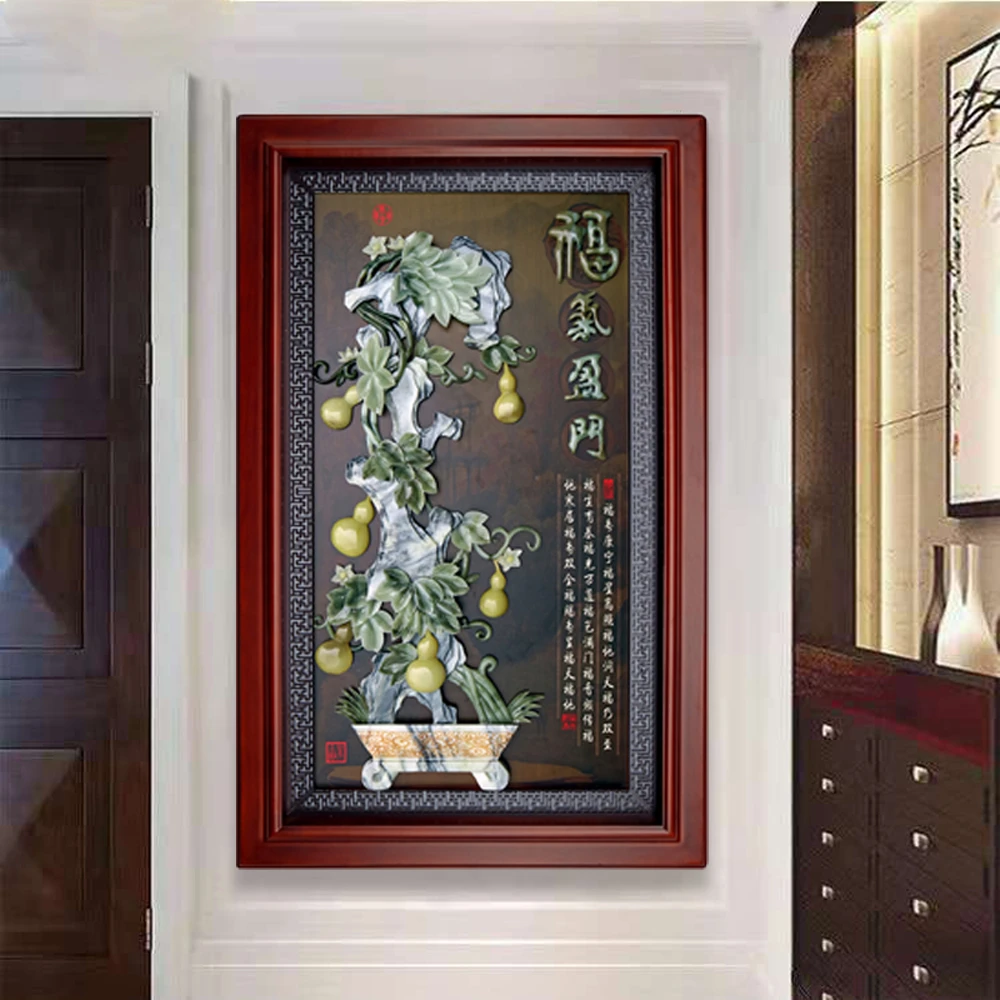 中式入户玄关餐厅装饰画走廊过道浮雕装饰立体竖版客厅玉雕实木画