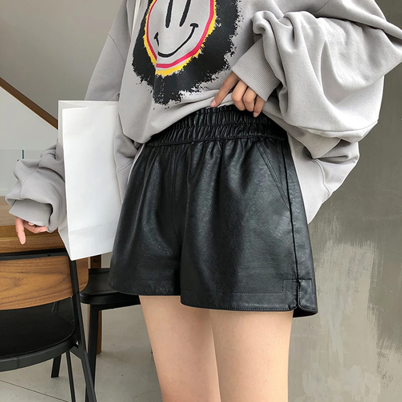 黑色皮短裤女秋冬 新款宽松高腰显瘦阔腿裤外穿短裤潮 靴裤女潮
